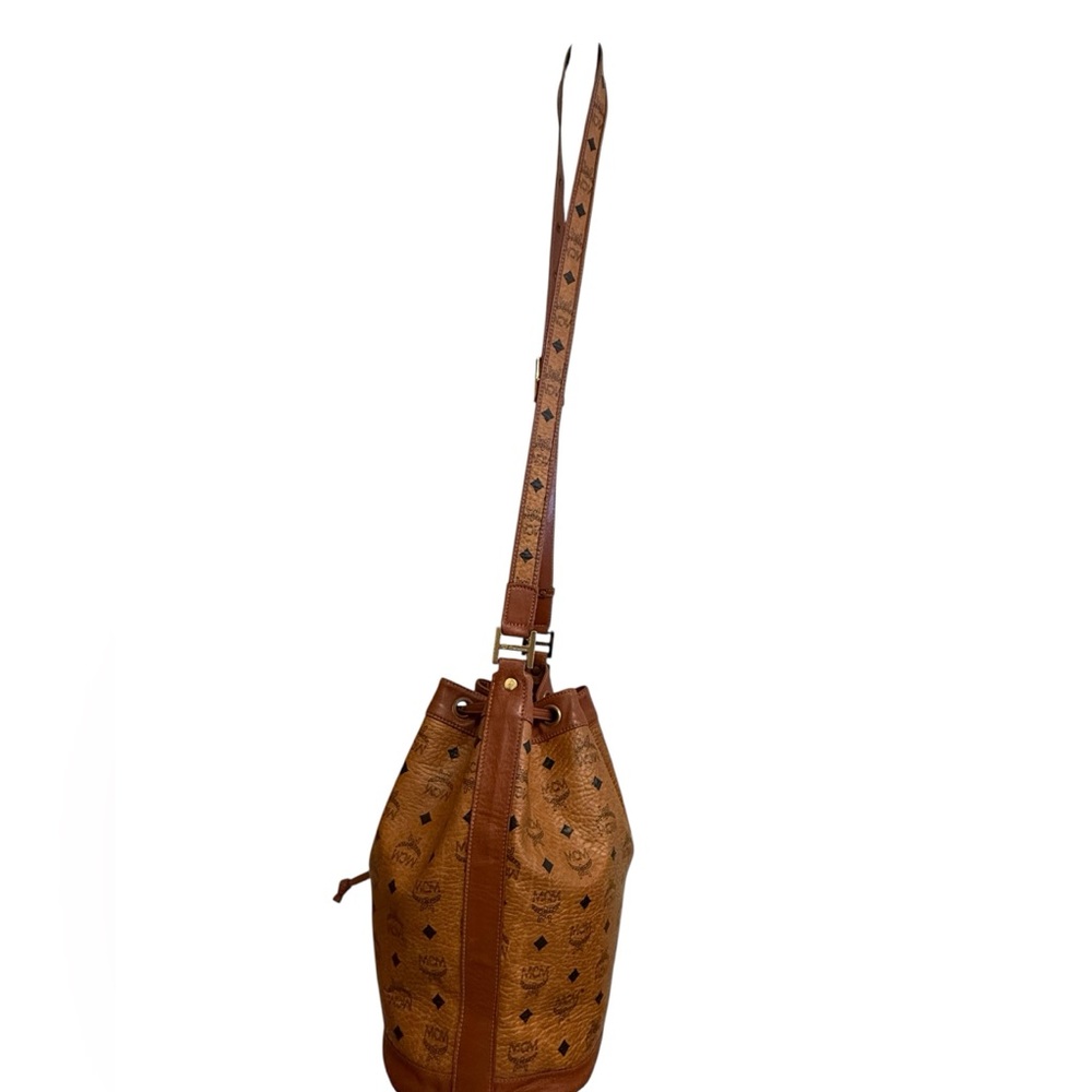 MCM München Cognac Visetos Drawstring Bucket Bag Vintage Leather Trim Crossbody - Picture 3 of 14